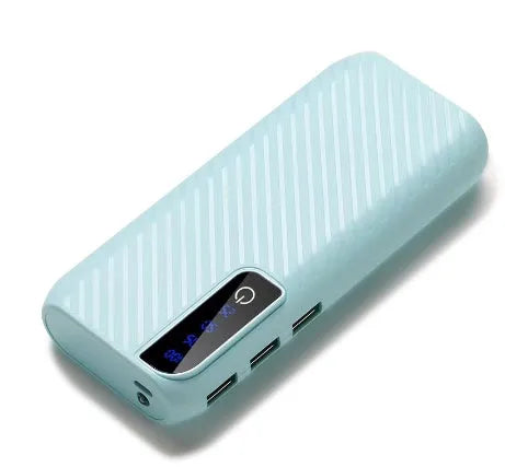 Compact 20000mAh portable power bank showing colour options including black, blue, pink and white