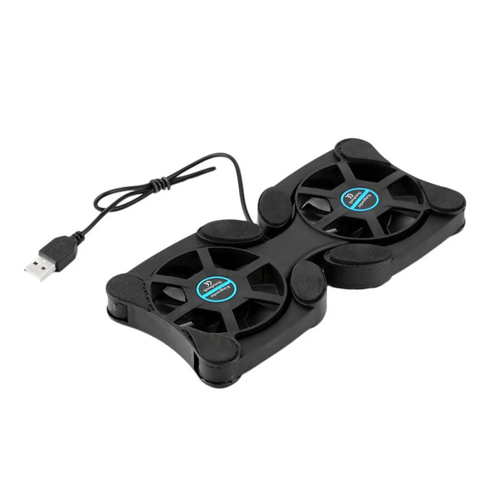 Portable folding cooling base for laptop radiator, black, with two 70mm fans and USB cable, unfolded on surface