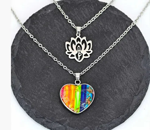 Seven-colour natural stone heart-shaped lotus pendant on silver-tone double-layer necklace