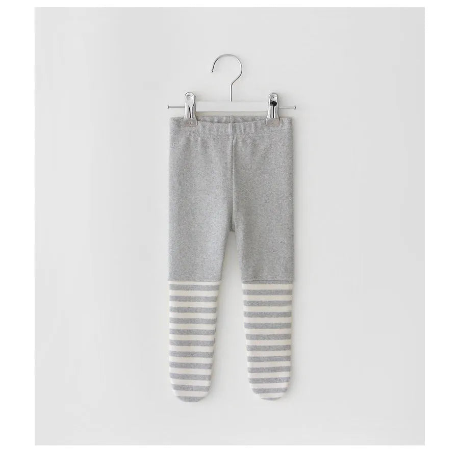 Girls stitched striped tights, middle waist, trouser length, available in Black, Grey, and White, sizes 66cm to 90cm