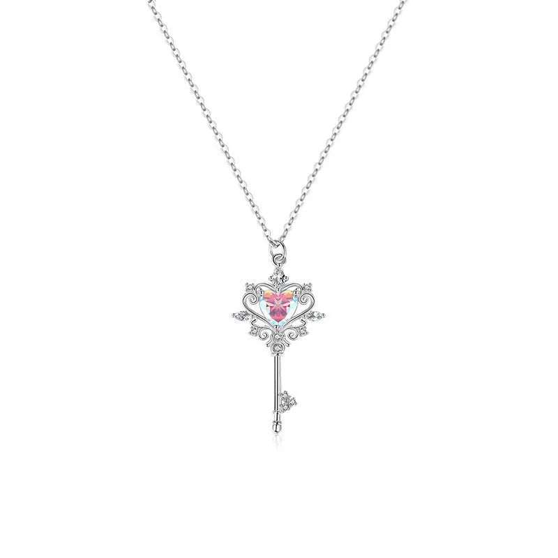 S925 sterling silver guard key necklace with zircon inlay on cross chain, blue colour option