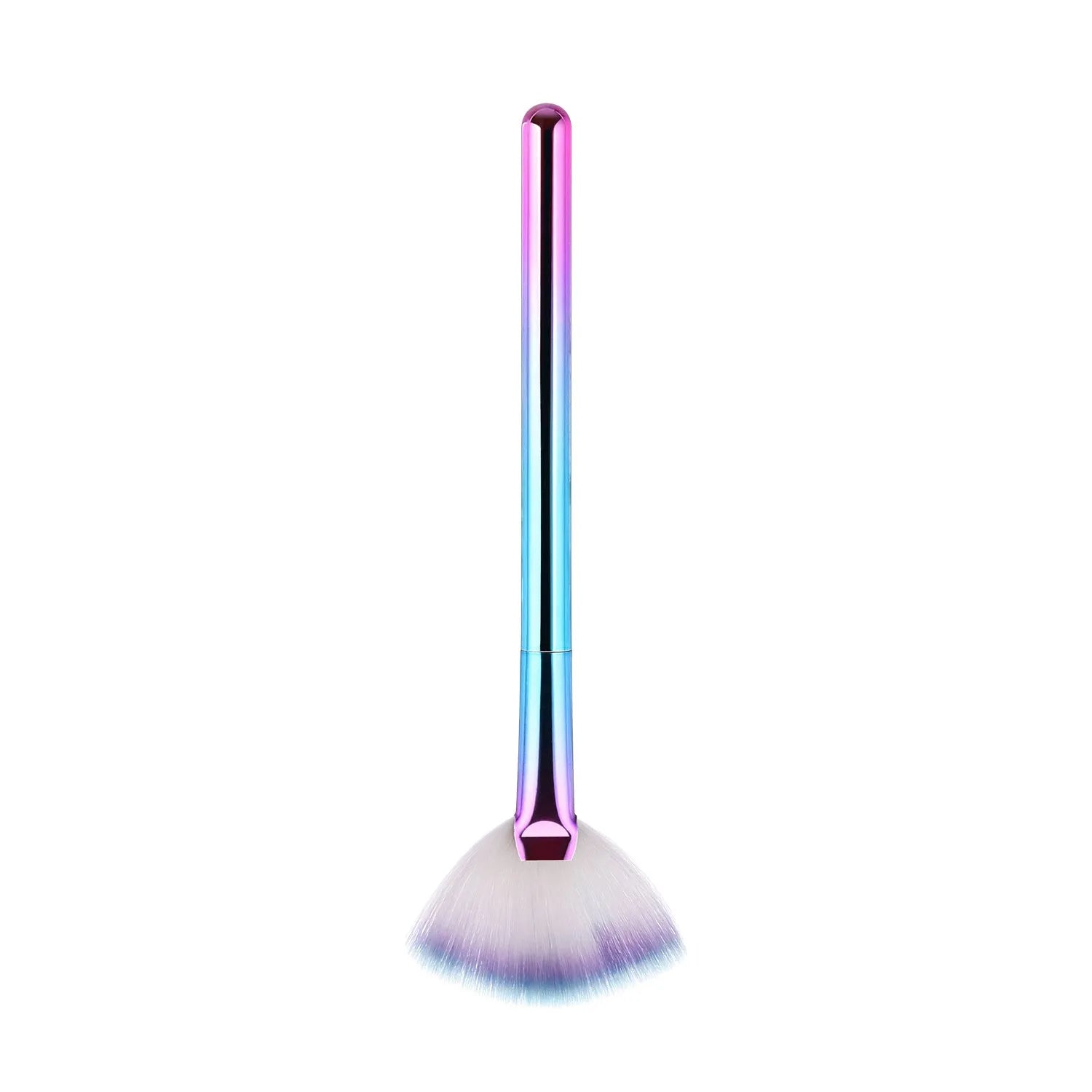 Fan makeup brush with nylon bristles and plastic handle, available in blue and pink colours