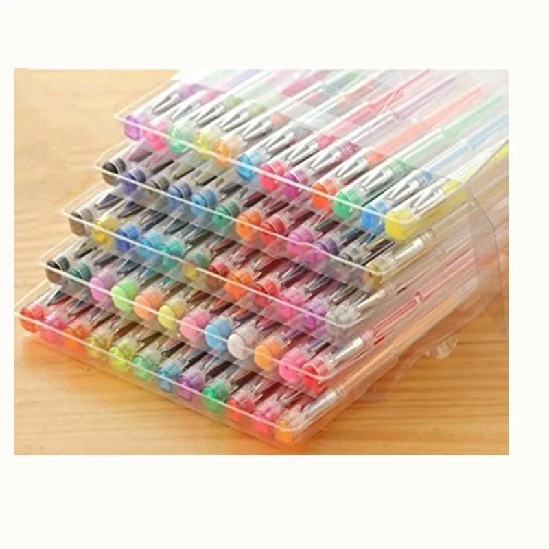 Set of 100 multicoloured gel pens with plastic barrels, showing fine and broad tips, arranged in a case.