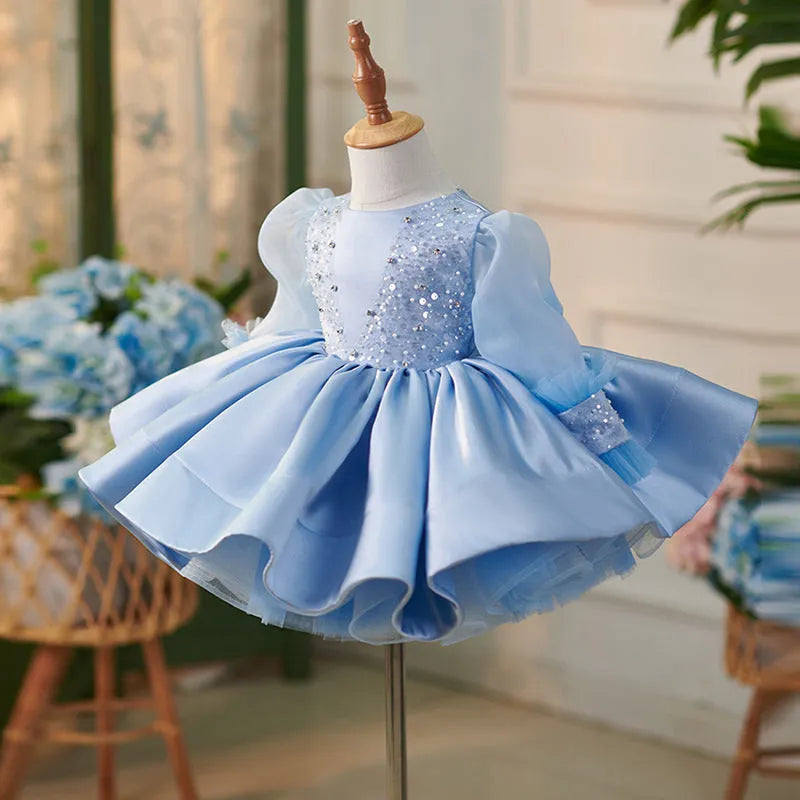 Girls' blue princess party dress with umbrella skirt, polyester blend, height sizes 80cm to 160cm