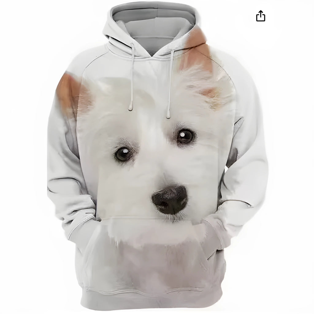 Men's loose fit digital print pullover hoodie in polyester blend fabric with hood and side pockets