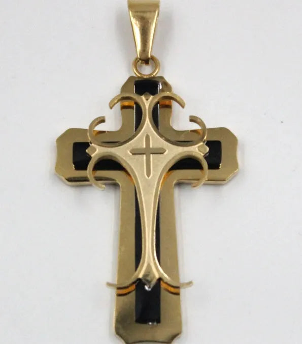 Stainless steel cross pendant necklace with three layer stereoscopic design for mature men