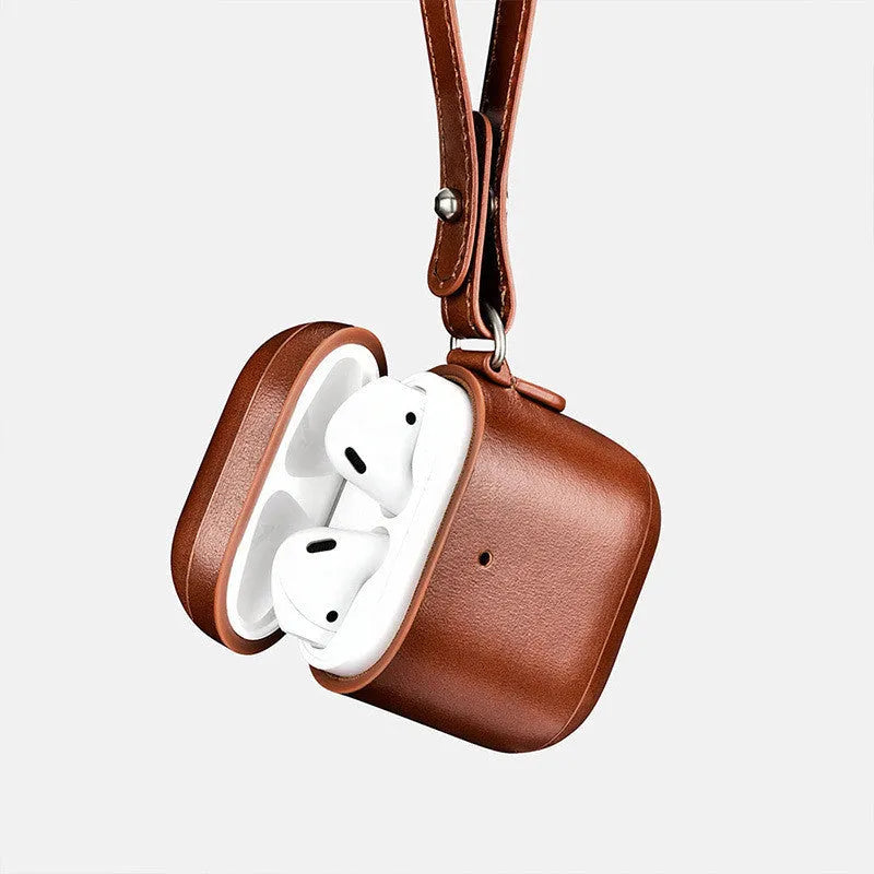AirPods Pro protective sleeve flip case with ring buckle in brown plastic and leather