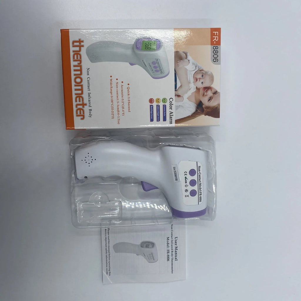 White digital thermometer with non-contact infrared sensor and LED display for temperature measurement