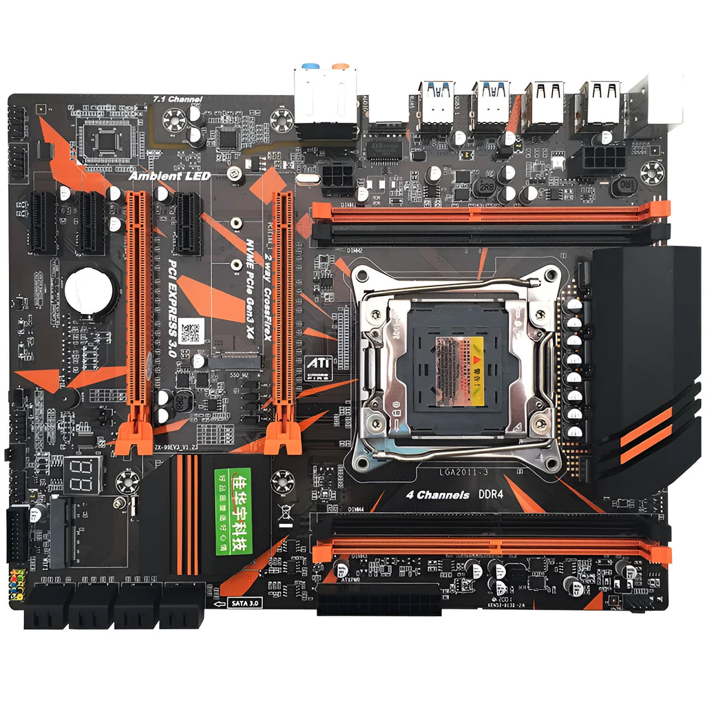 Black X99 chipset ATX motherboard with LGA2011-3 socket, four DDR4 slots, and dual PCI-E x16 connectors