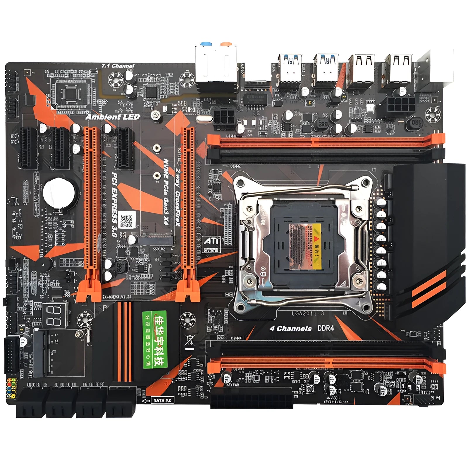 Black X99 chipset ATX motherboard with LGA2011-3 socket, four DDR4 slots, and dual PCI-E x16 connectors