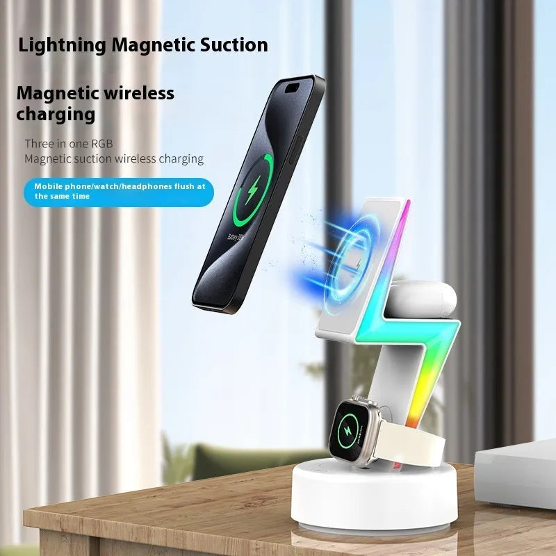 Lightning three-in-one wireless charger in white or black for mobile phone, watch and headset with fast charge and 15 maximum output power