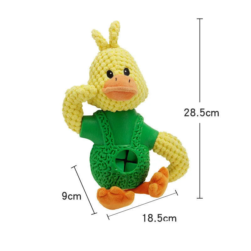Four animal-shaped pet chew toys: a green-vested puppy, purple hedgehog, orange Ryoma figure, and yellow duckling, each with a head airbag.