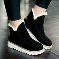 Women's winter snow boots in black with plush flannel lining, rubber sole, mid heel, round toe, ankle-high.