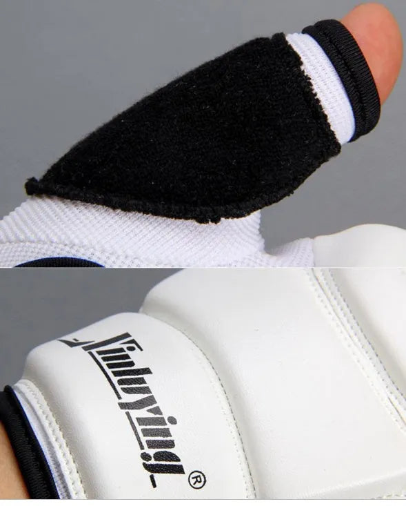 White boxing gloves and taekwondo foot protection set with PU leather mesh and elastic cotton cloth, sizes S to 3XL