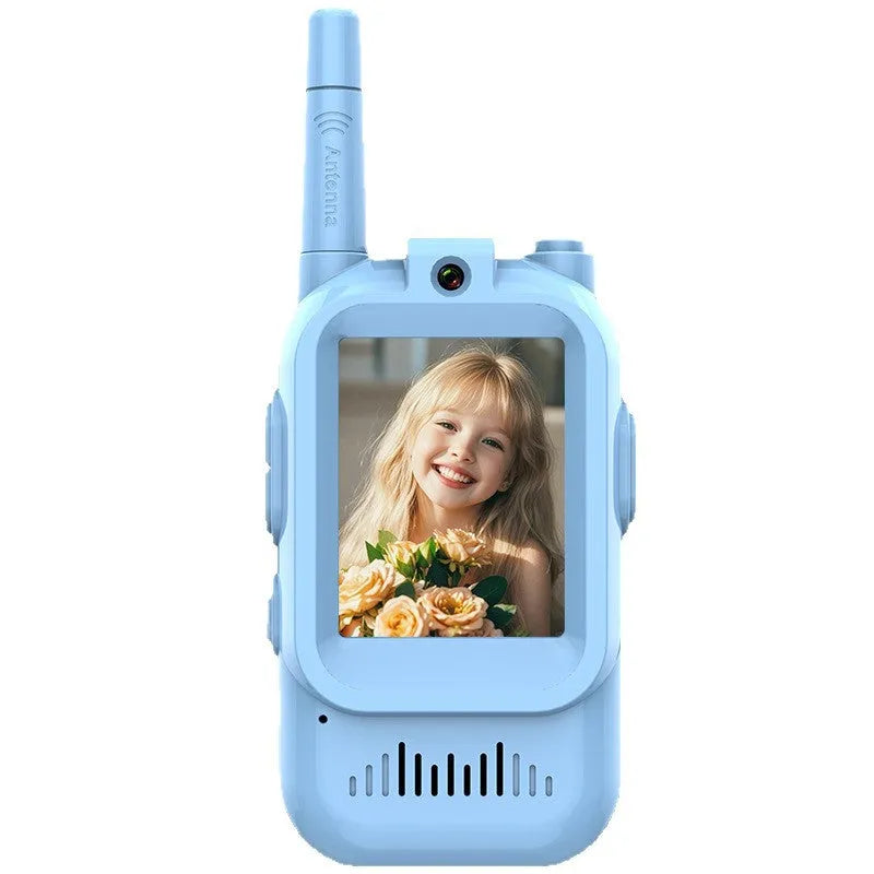 Two mini video walkie talkies for kids in pink and blue with 2.0 inch screen and charging cable