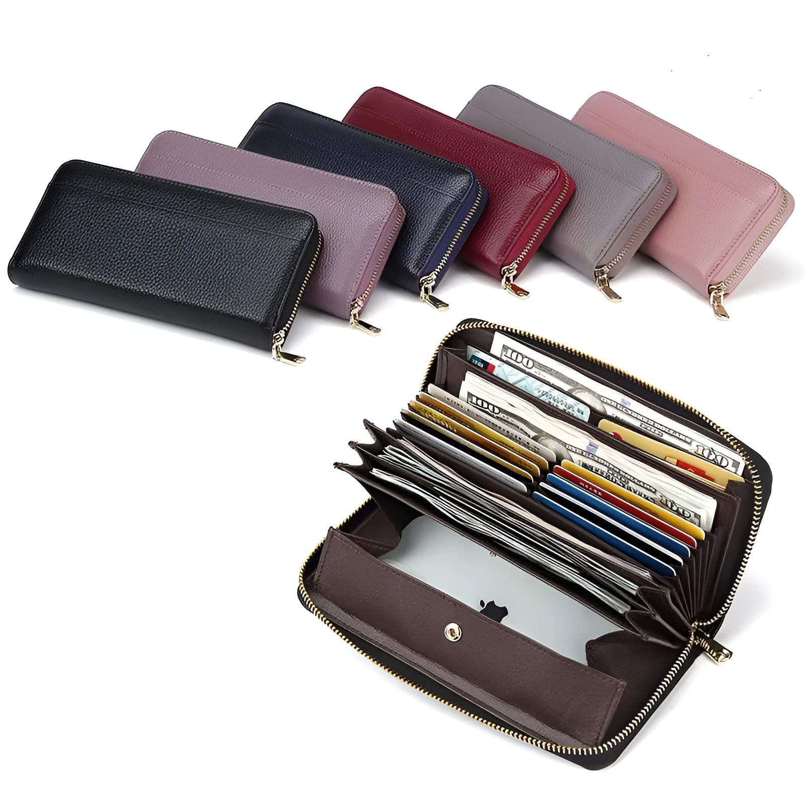 Genuine leather long women's wallet in six colours showing large-capacity design