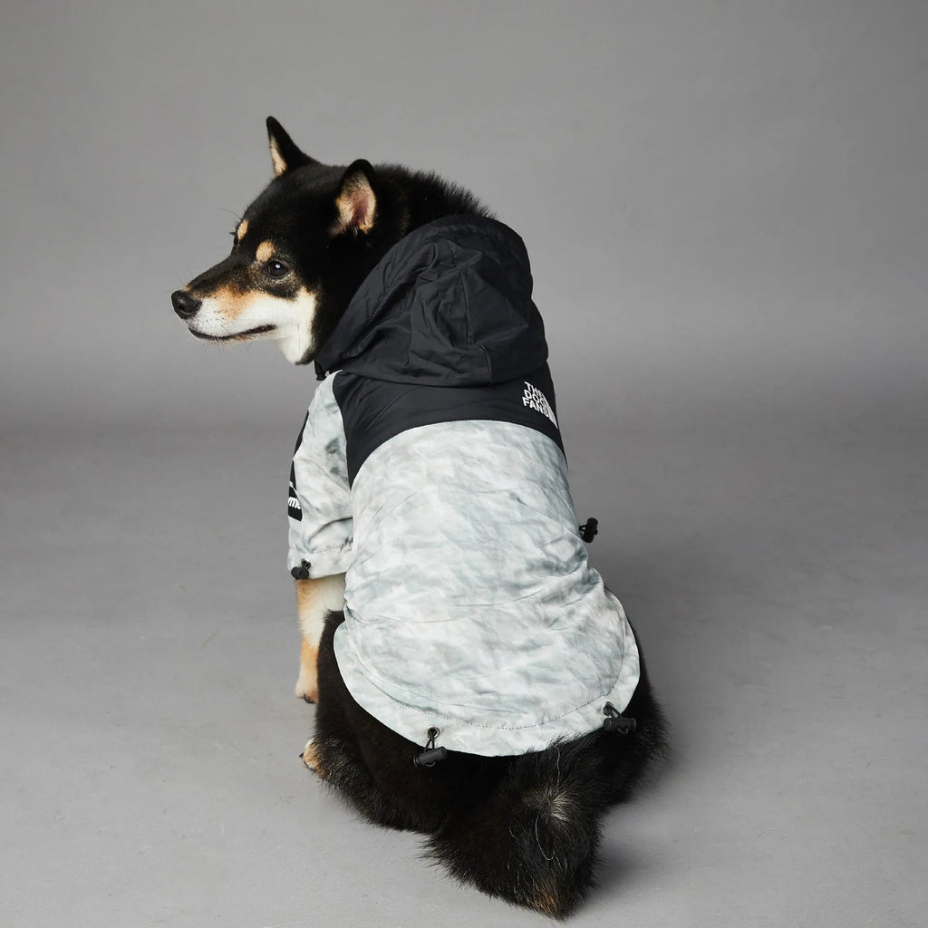 Dog shell jacket in polyester, available in sizes S-5XL, black or waste paper print.