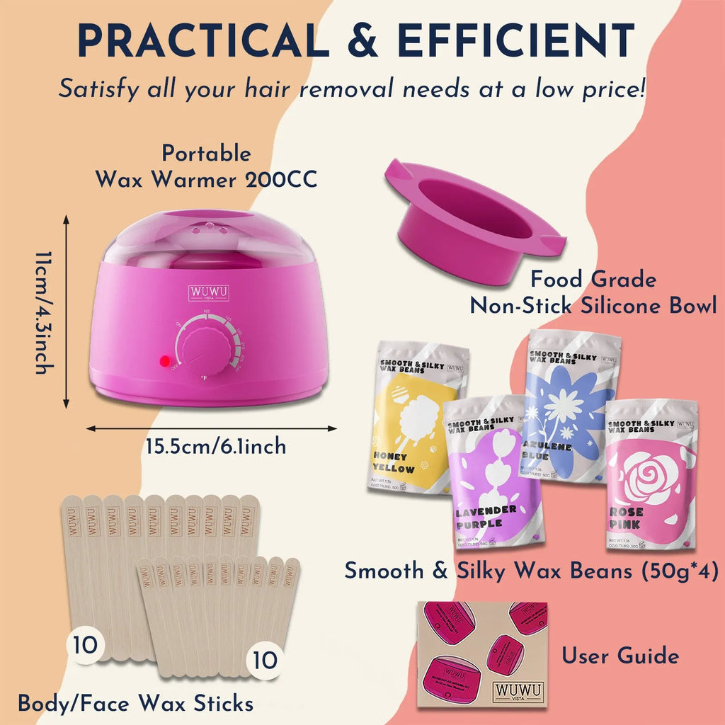 27-piece hair removal wax kit showing a wax heater, four coloured wax bead packs, and applicator sticks on a pink background.