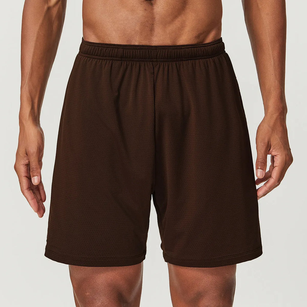 Men's double-layer quick-dry running shorts in sky green colour on a grey background