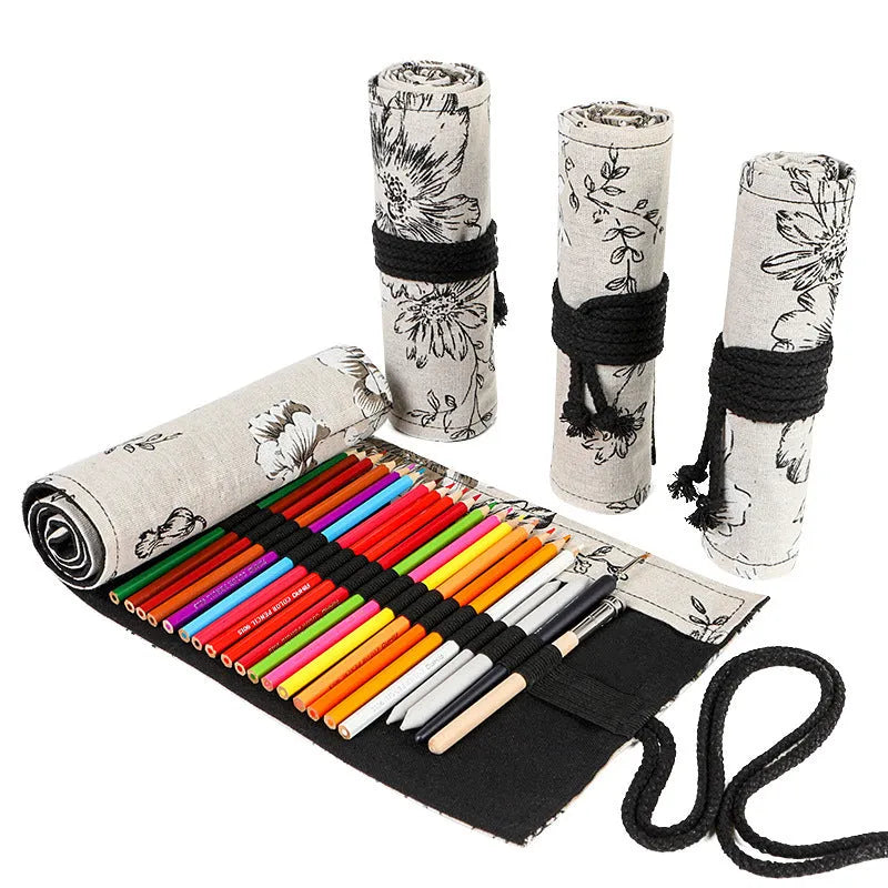 Black peony floral print pencil roll bag in cotton hemp canvas with 24 or 72 hole capacity options