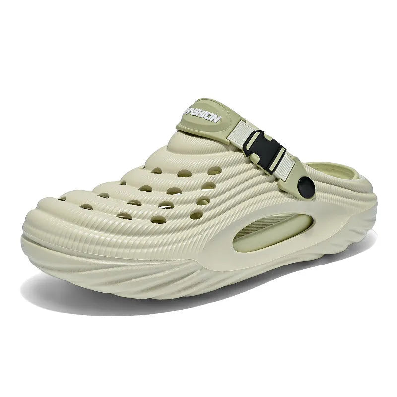 Men's solid colour EVA platform slippers with hollow-out design in black, shown from the side.