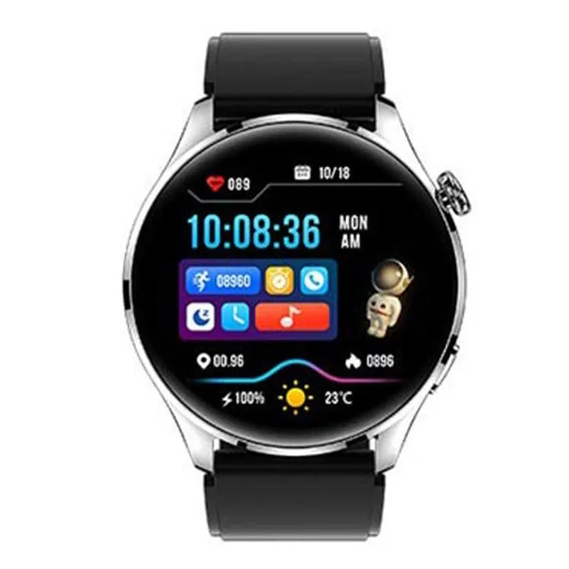 Black smartwatch with round colour screen and silicone strap on a wrist