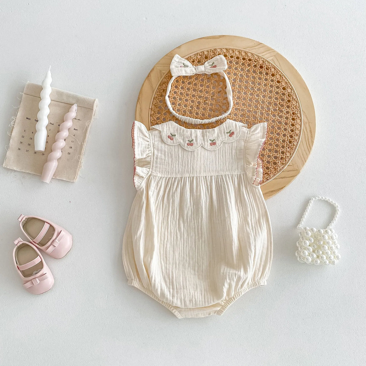 Apricot sleeveless cotton double-breasted baby jumpsuit with matching hair band, summer thin romper for heights 66cm-90cm.