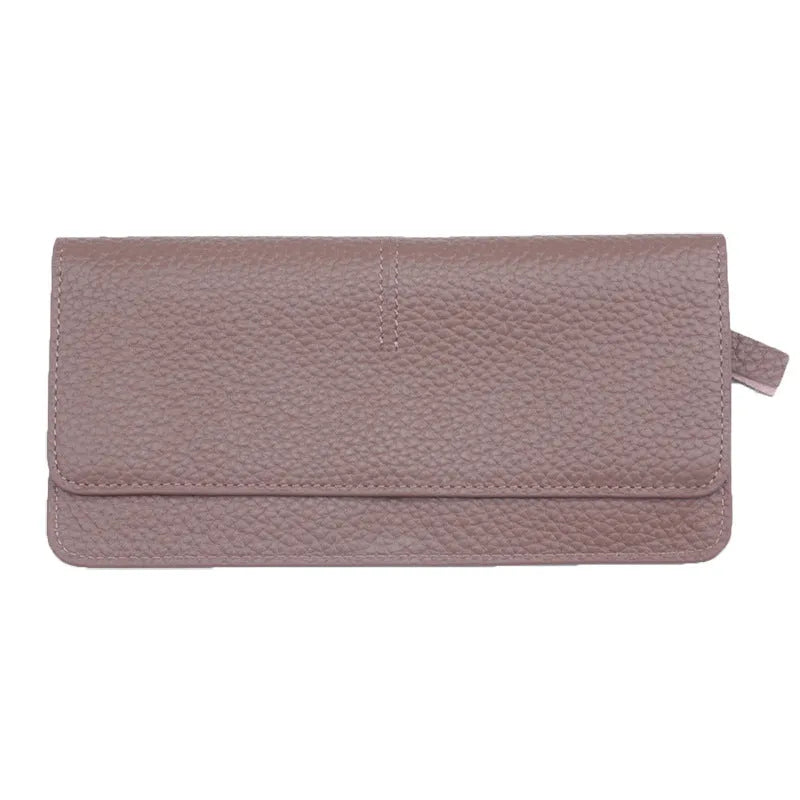 Genuine leather long coin purse with multiple card slots and zipper, wine red colour