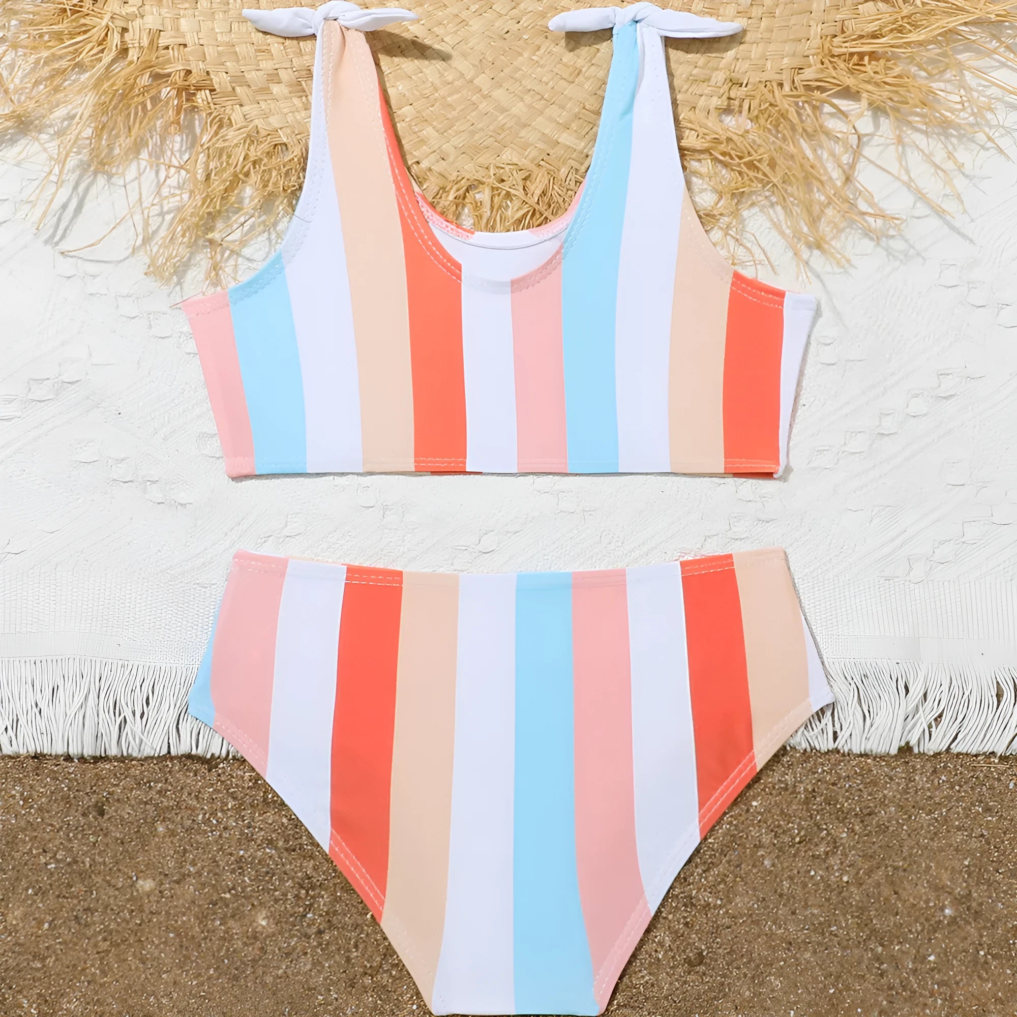 Girls' plaid print swimsuit briefs with polyester lining shown in multiple colour options