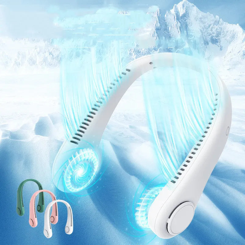 White rechargeable bladeless neck fan hanging around a person's neck showing its hands-free design