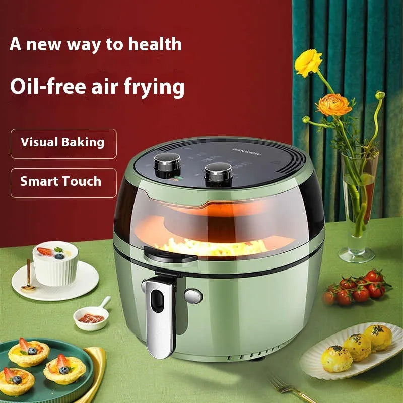 8-litre mechanical button air fryer oven with transparent lid on a kitchen countertop.
