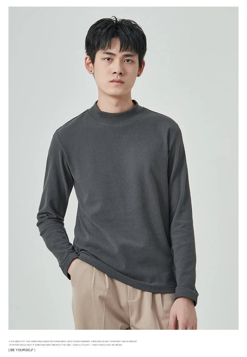 Men's half-high collar long sleeve t-shirt in brown solid colour