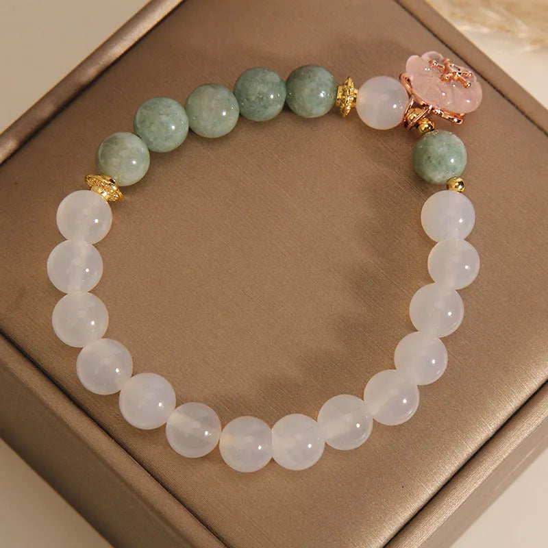 White agate jadeite jade flower pink floral bracelet with natural jade flower-shaped components