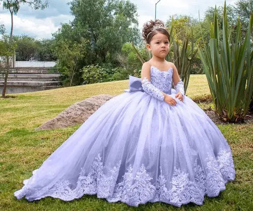 Girls' long small trailing lace mesh bubble skirt in Bean Pink with polyester lining, full front view