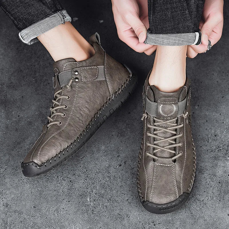 Men's casual velcro sneakers in black with microfiber upper and rubber sole, lace-up front and car stitching detail