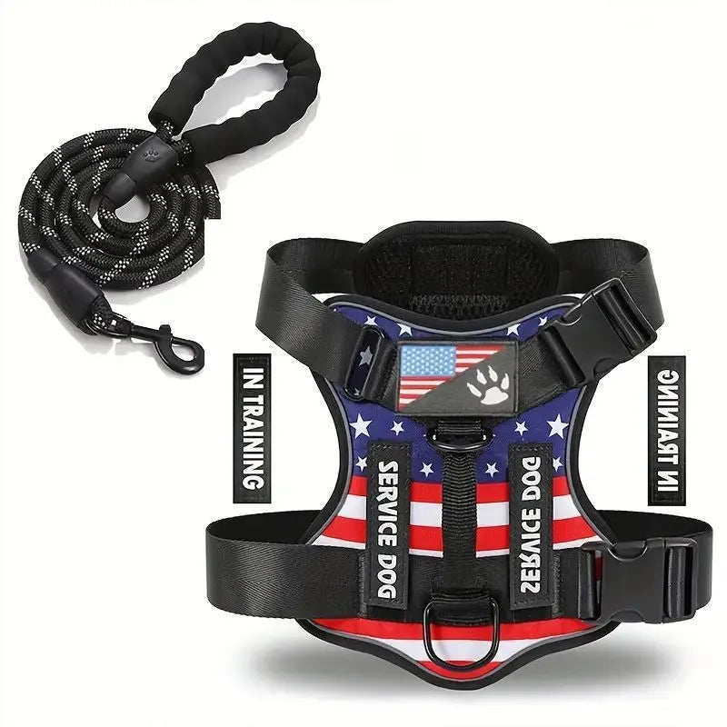 Red nylon dog chest strap with attached leash, featuring hand grip and adjustable buckles