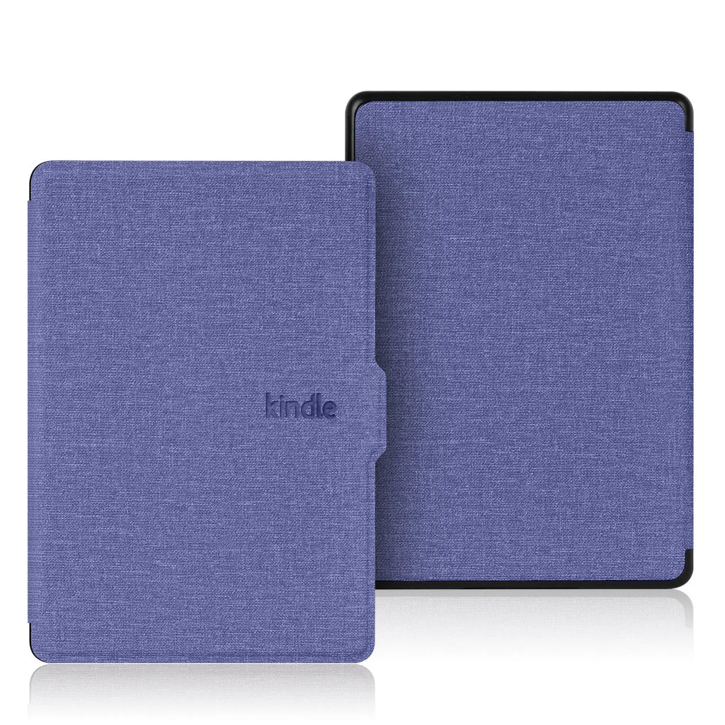 Linen texture Kindle Paperwhite hard case with magnetic closure shown in purple colour.
