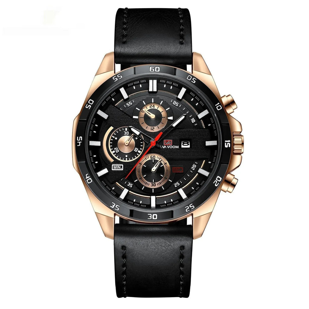 Men's casual watch with date window on dial, available in black leather strap with rose gold case and other colour combinations.
