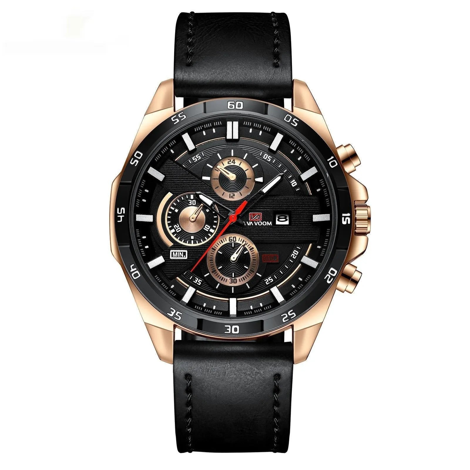 Men's casual watch with date window on dial, available in black leather strap with rose gold case and other colour combinations.