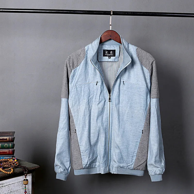 Men's thin linen blend casual jacket in regular fit, shown in heather grey, on a hanger.