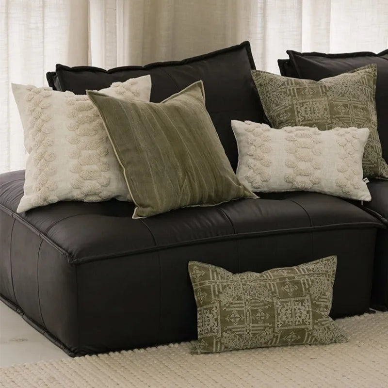 Ethnic style green natural pillowcase with feather fabric pillow core, 50x50cm, on a neutral background