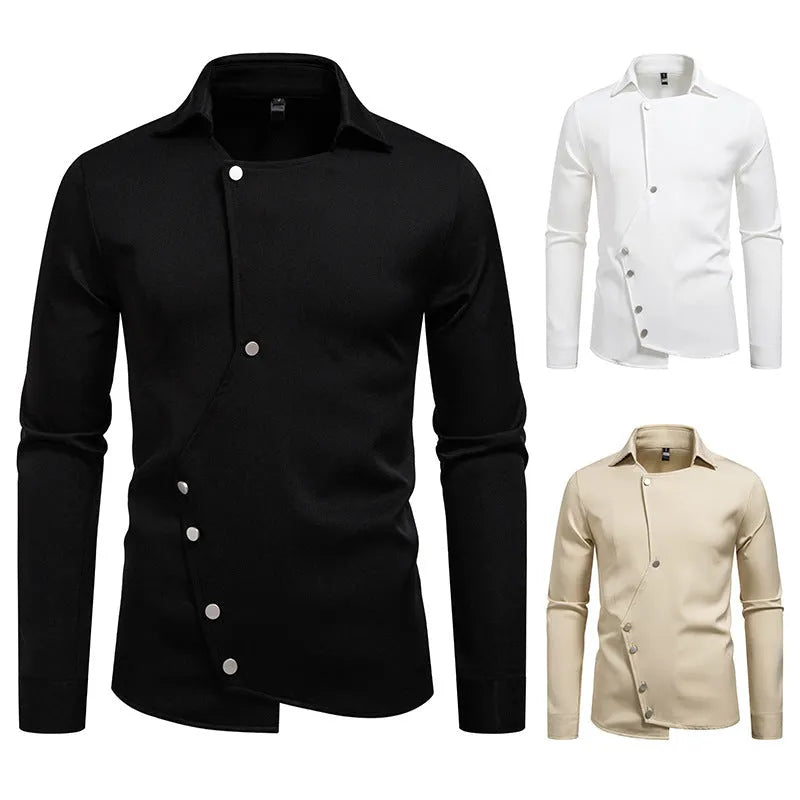 Men's long-sleeved polyester slim fit cardigan shirt in white, black, and khaki colours