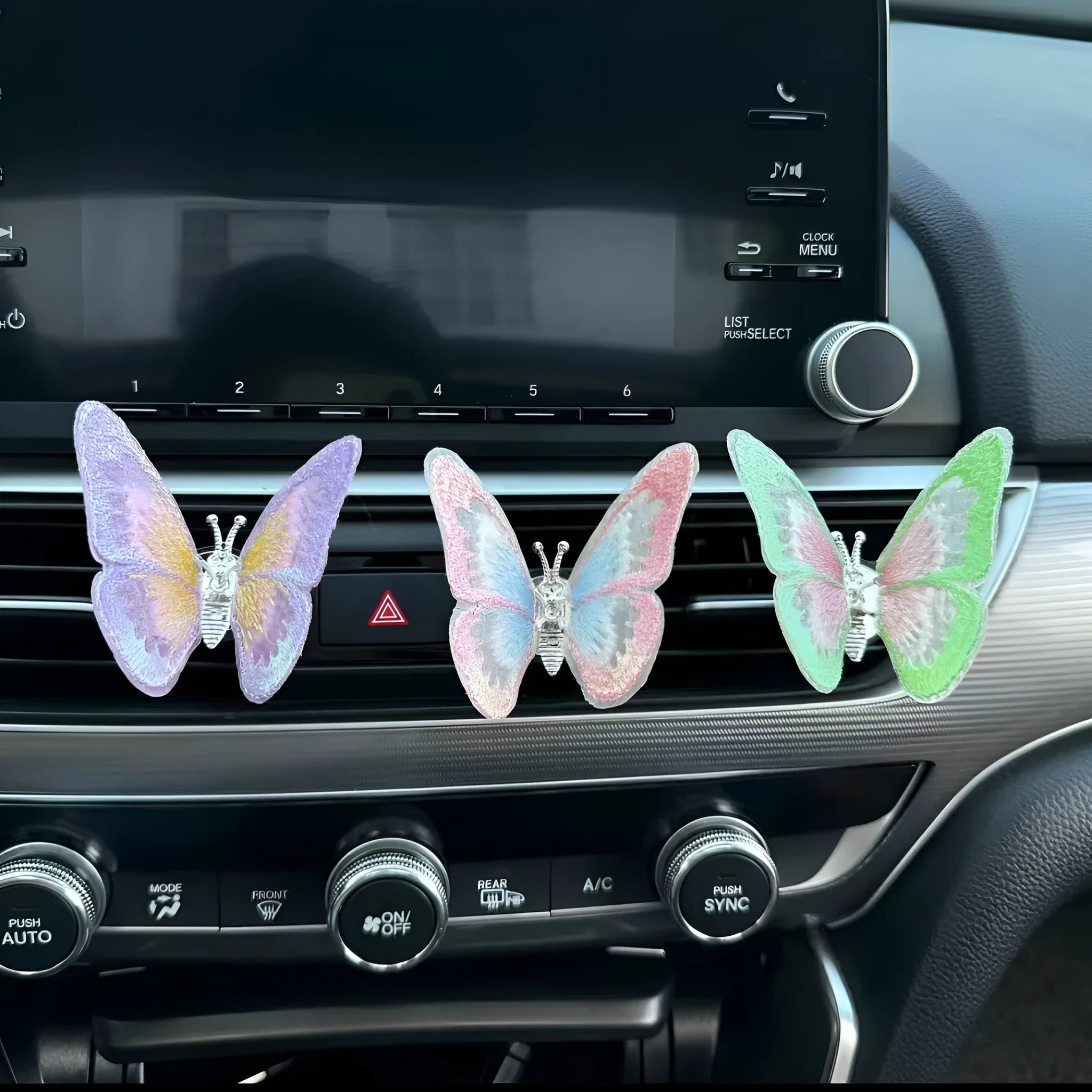 Fabric embroidery butterfly car air vent decoration in various colours for centre console placement