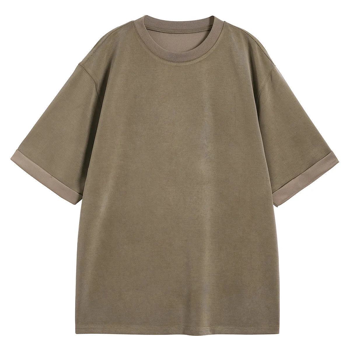 A man's loose-fit drape knit T-shirt in a solid colour, shown in brown, white, and black options.