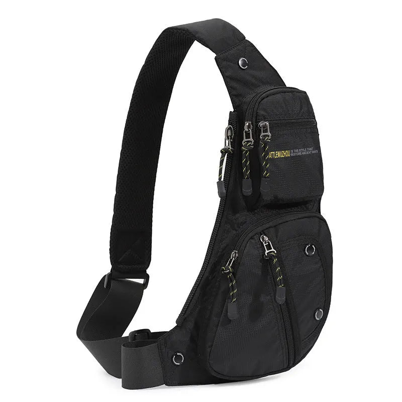 Men's nylon chest messenger shoulder bag in black, gray, army green, or blue with multi-functional shoulder strap