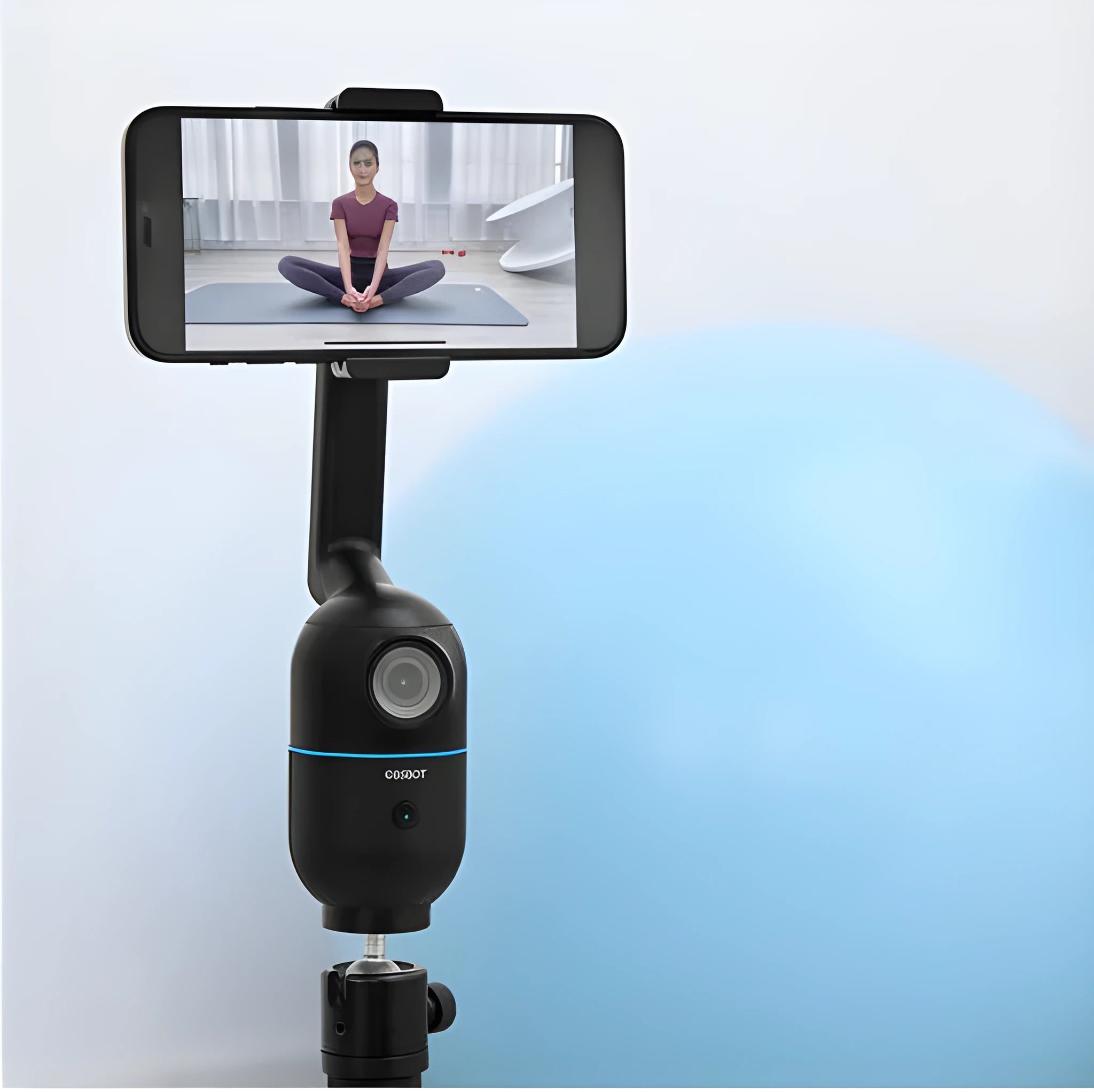 Black mobile phone bracket with face-following PTZ head mounted on a collapsible tripod.