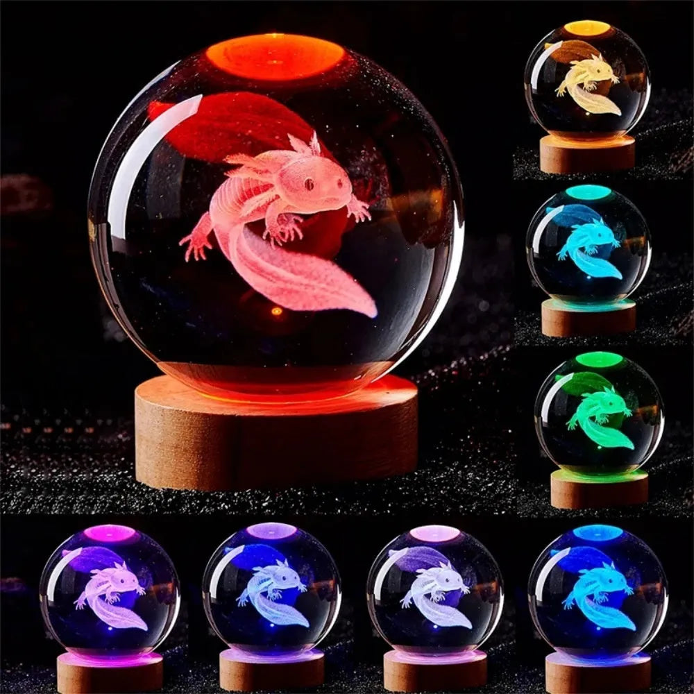 Galaxy Moon small night lamp with RGB light and salamander design, 6cm size on a desk