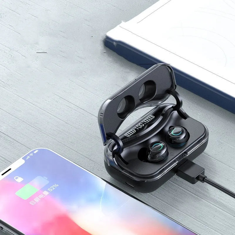 Black running in-ear Bluetooth headset with Bluetooth 5.0, stereo sound, and earplug-type binaural design