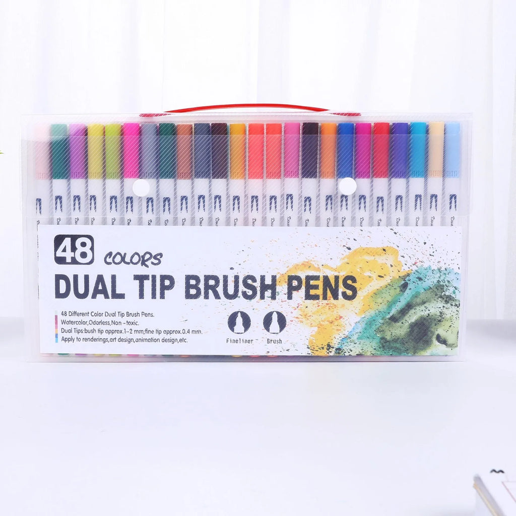 Set of ink watercolour pens in a case, showing multiple colour options including 100, 72, 60, and 48 count sets.