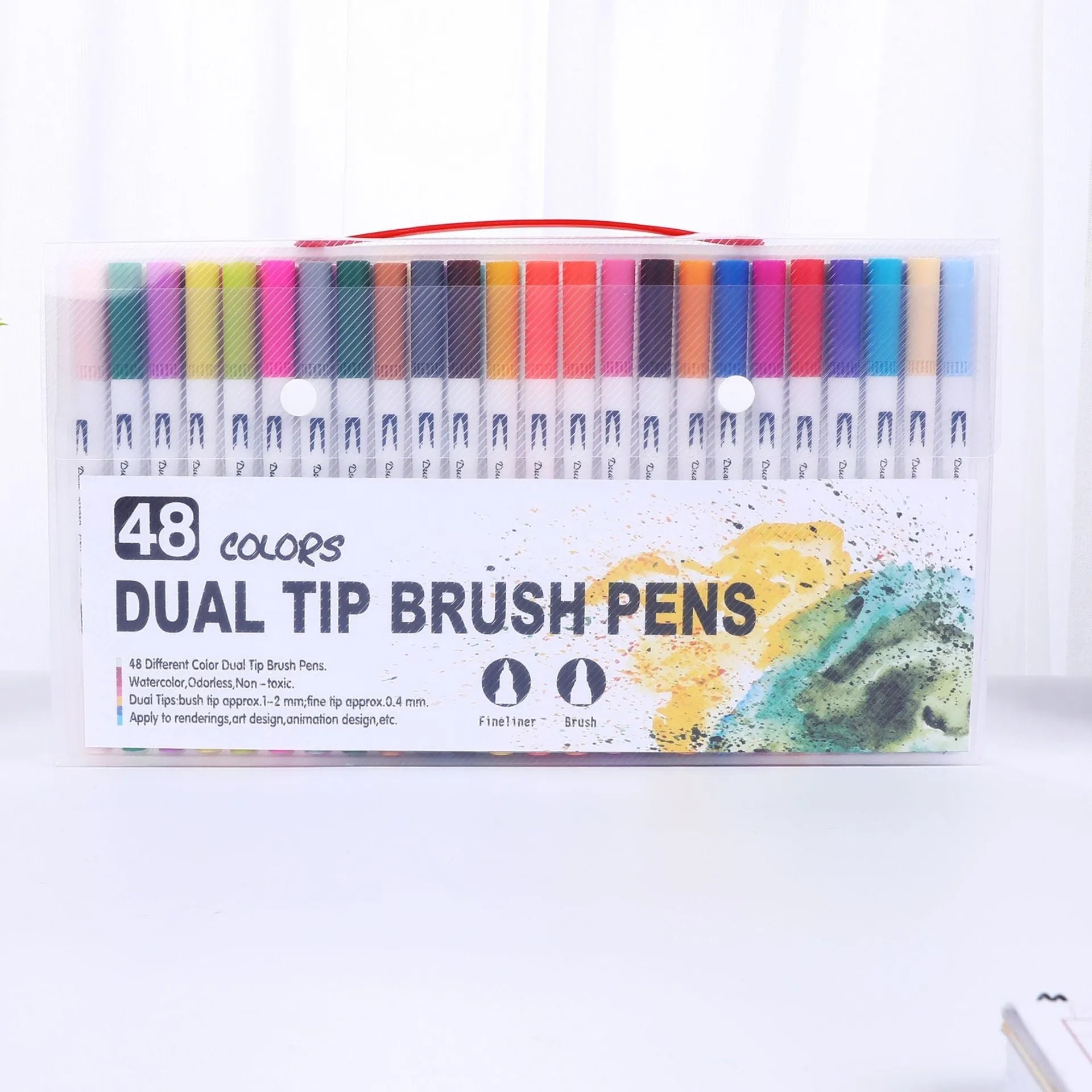 Set of ink watercolour pens in a case, showing multiple colour options including 100, 72, 60, and 48 count sets.